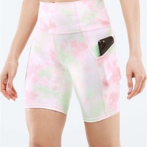 Fabletics Pink and Green Tie-Dye Bike Shorts